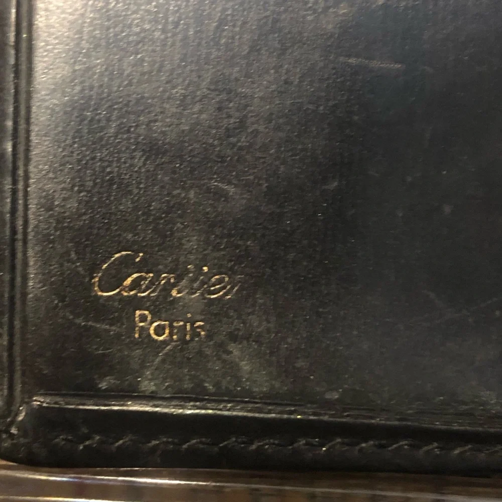 CARTIER Black Leather Sapphire Gold Bifold Wallet Coin Pocket Made In France
